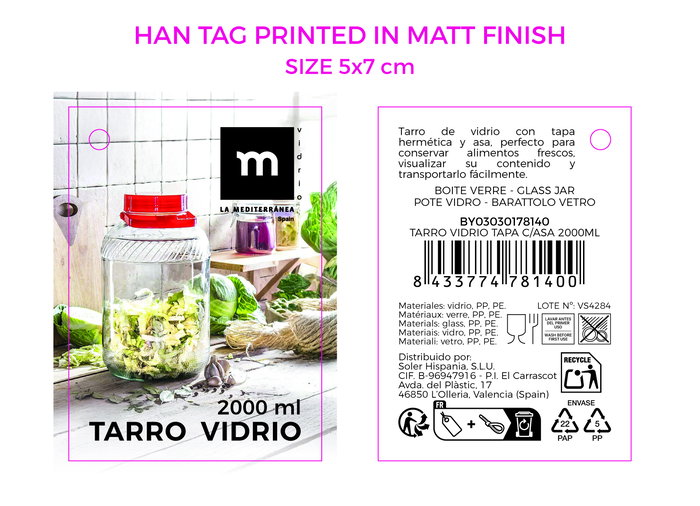 La Mediterranea Tarro de Vidrio con Tapa y Asa 2000 ml, Dimensiones 14.5 x 14.5 x 21 cm (6 Unidades)