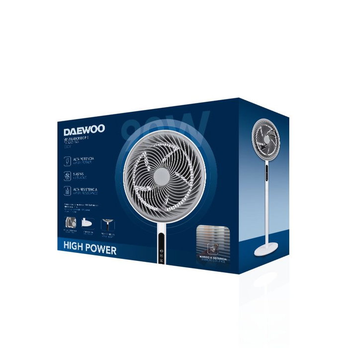 Daewoo Ventilador de Pie Alta Velocidad 90W, 30 cm (12"), Base Redonda con Mando a Distancia