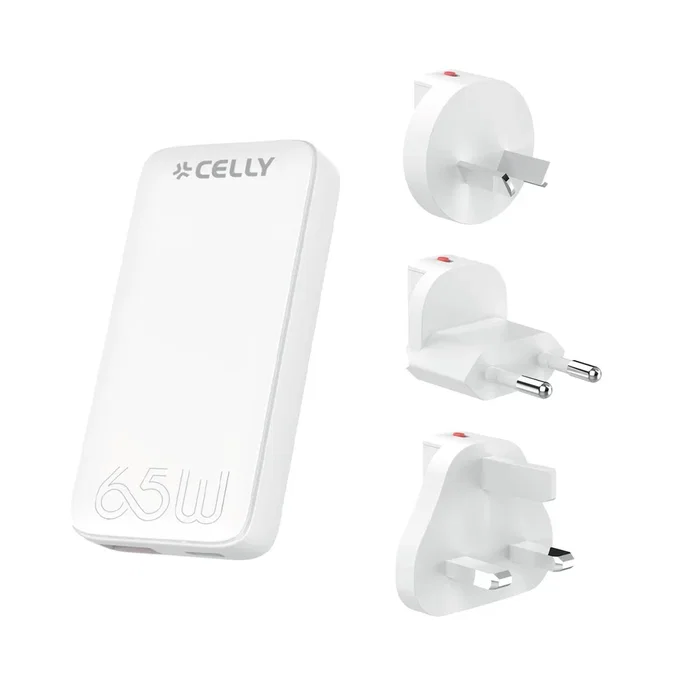 Celly TCTRAVELUNI65W Cargador Viaje GaN 65W USB-C/A, 3 Enchufes Intercambiables (UK, AUS, UE) y US, Compacto Blanco