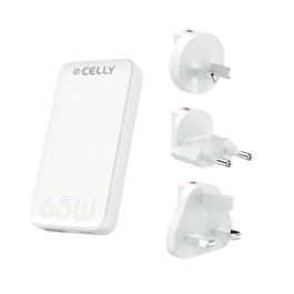 Celly TCTRAVELUNI65W Cargador Viaje GaN 65W USB-C/A, 3 Enchufes Intercambiables (UK, AUS, UE) y US, Compacto Blanco