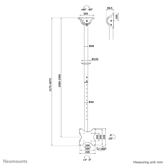 Neomounts CL35-340BL12 Soporte de Techo para TV/Monitor 23-42" (106-156 cm) - Giratorio 360°, Inclinación -25°, VESA 200x200, Negro