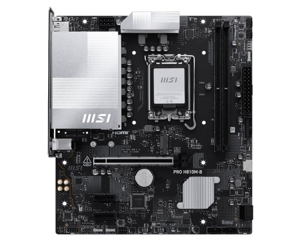 MSI Placa Base PRO H810M-B, Socket LGA 1851, Chipset Intel H810, micro-ATX, DDR5 6400MHz (128GB), PCIe Gen5, HDMI 2.1, DisplayPort 1.4, LAN 2.5G, M.2, para Intel Core Ultra Series 2 MSI Placa Base PRO H810M-B, Socket LGA 1851, Chipset Intel H810, micro-ATX, DDR5 6400MHz (128GB), PCIe Gen5, HDMI 2.1, DisplayPort 1.4, LAN 2.5G, M.2, para Intel Core Ultra Series 2