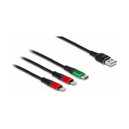 DeLOCK Cable de Carga USB 3 en 1 1 m - Tipo A a 2 x Lightning y USB-C - Negro, Verde, Rojo