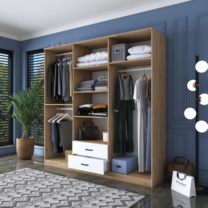 Hanah Home BA111 - 2324 Armario Dormitorio Nogal y Blanco, Tablero Partículas Melaminado, 210x210x51.5 cm