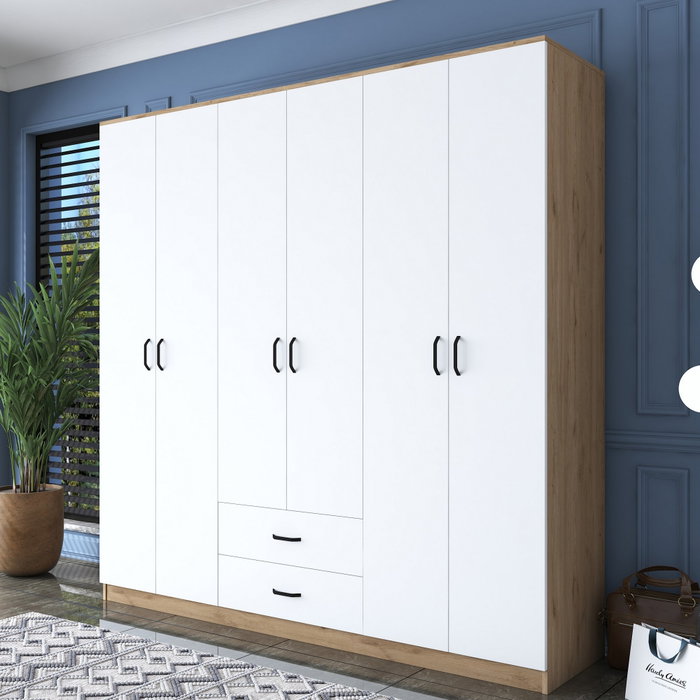 Hanah Home BA111 - 2324 Armario Dormitorio Nogal y Blanco, Tablero Partículas Melaminado, 210x210x51.5 cm