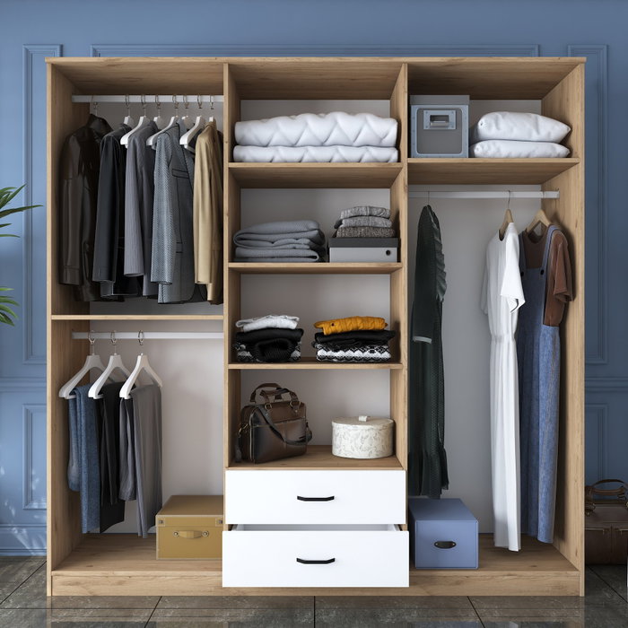 Hanah Home BA111 - 2324 Armario Dormitorio Nogal y Blanco, Tablero Partículas Melaminado, 210x210x51.5 cm