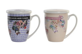 DKD Home Decor Set de 2 Tazas de Porcelana WORLD&FLOWERS Multicolor 380ml