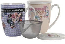 DKD Home Decor Mug Infusiones World&flowers Urban Multicolor Porcelana Inox 9 x 11 x 12 cm 380ml Apto Microondas Lavavajillas (12 Unidades)