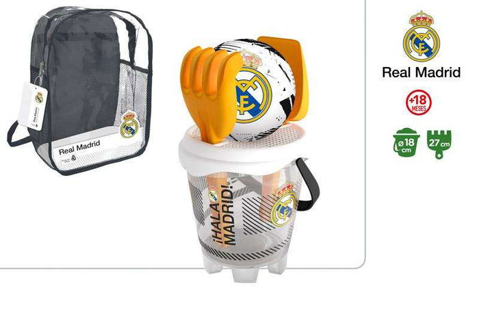 Color Baby Mochila Cubo Castillo Real Madrid Diametro 18cm con Pala, Rastrillo y Balon de 13cm Color Baby Mochila Cubo Castillo Real Madrid Diametro 18cm con Pala, Rastrillo y Balon de 13cm