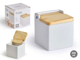 Vessia Salero Blanco Cuadrado con Tapa de Cerámica y Madera, 10x10x10.7 cm (Set de 24)