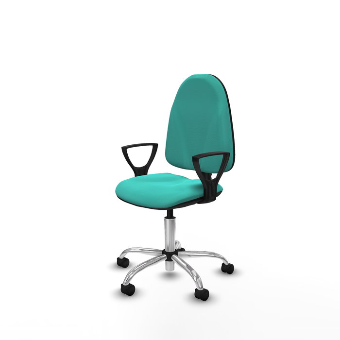 Silla de oficina Algarra con mecanismo Contacto permanente básico tapizada con Similpiel color Turquesa. Equipada con Base cromada, Brazos fijos y Ruedas de nailon 50 mm