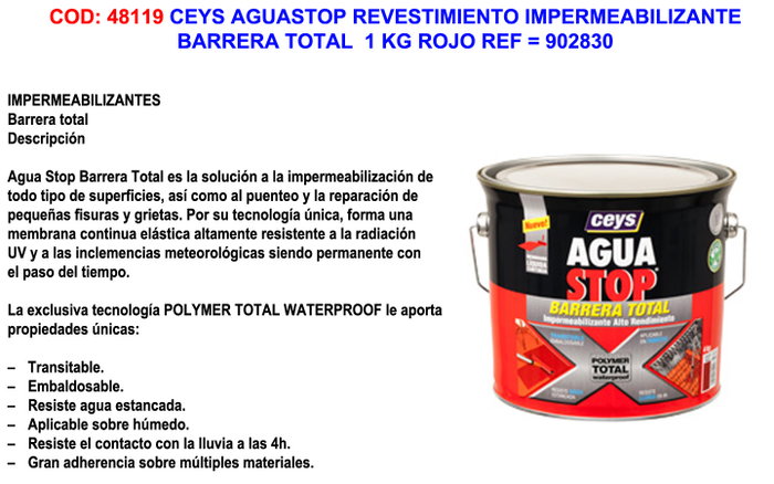 CEYS AGUASTOP Revestimiento Impermeabilizante Barrera Total Rojo 1 kg CEYS AGUASTOP Revestimiento Impermeabilizante Barrera Total Rojo 1 kg
