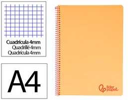 Liderpapel Cuaderno Espiral A4 Wonder Tapa Plástico 80 Hojas 90gr Cuadro 4mm Margen Naranja