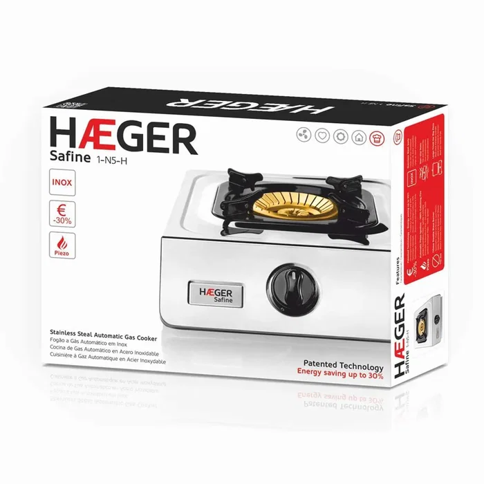 Haeger Safine Hornillo de Gas Natural, Encendido Piezo, 1 Zona, Color Blanco, Acero Inoxidable