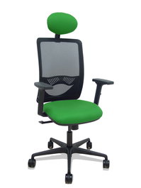 Silla de oficina Zulema con mecanismo Sincro tapizada con Tela color Verde y malla color Negro. Equipada con lumbar 1D, Brazos 2D, Cabecero Fijo y Ruedas 65mm nailon