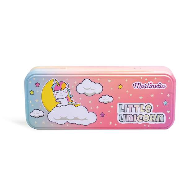 Martinelia Estuche de Maquillaje Little Unicorn Tin con 3 Niveles - 11 Sombras de Ojos, 11 Brillos de Labios, Aplicadores, Gomas y Pinzas - 9x22.5x4.5 cm