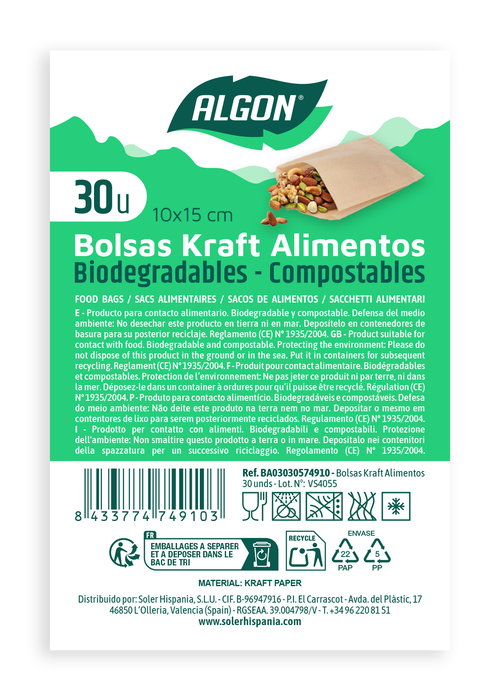 Algon Bolsas Kraft para Alimentos Reutilizables, 30 Unidades, 10x15 cm (36 Unidades)
