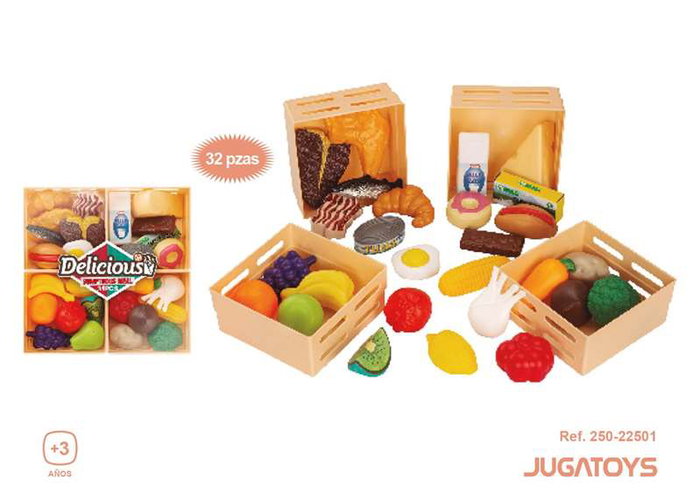 Frutas y verduras en caja, 32 pzas 26x26x6 cm