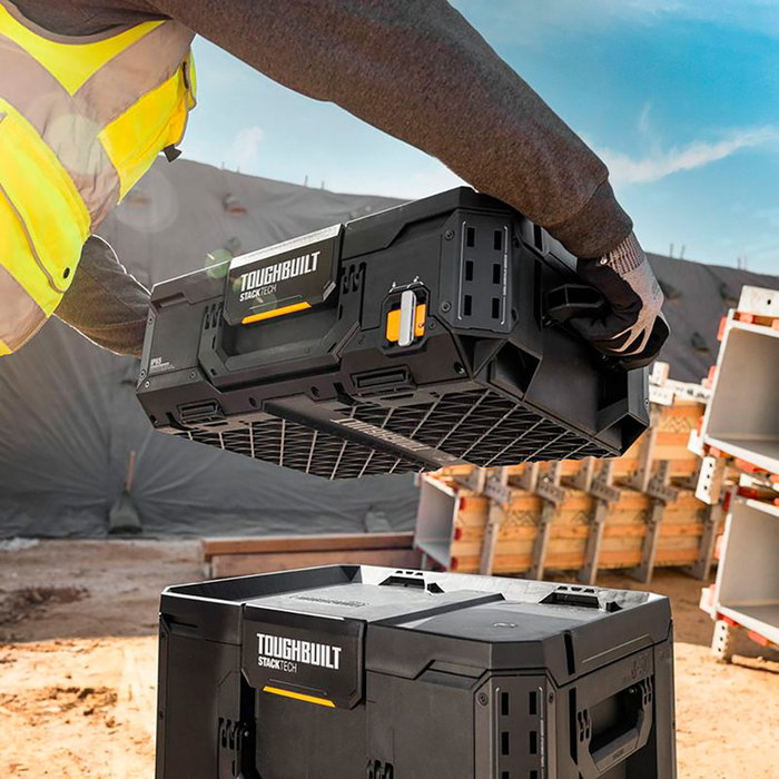 Toughbuilt Caja de Herramientas con Ruedas StackTech, 3 Piezas, Mango Telescópico, Ruedas Todoterreno 22cm, Modular y Apilable, IP65, Polímero de Alta Resistencia