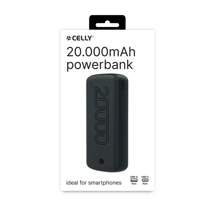 Celly PBE20000EVOBK Batería Externa Power Bank 20000 mAh Litio Negro con USB Tipo C para Carga Rápida