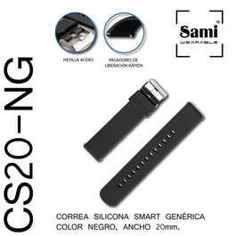 SAMI Correa de Silicone para Smartwatch, 20 mm, Negro, Con Pasador