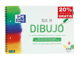 Oxford Bloc de Dibujo Escolar A4+ Multitaladro 2T, Tapa Blanda Espiral, 20 Hojas 130 gr, Recuadro Blanco