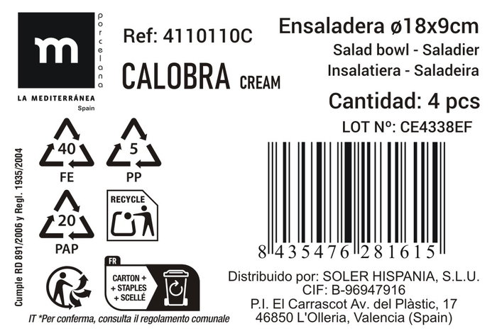La Mediterranea Ensaladera Calobra Crema Ø18x9 cm (16 Unidades)