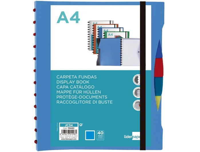 Liderpapel Carpeta A4 con 40 Fundas Intercambiables, 5 Separadores, Sobre y Gomilla, Portada y Lomo Personalizable, Azul