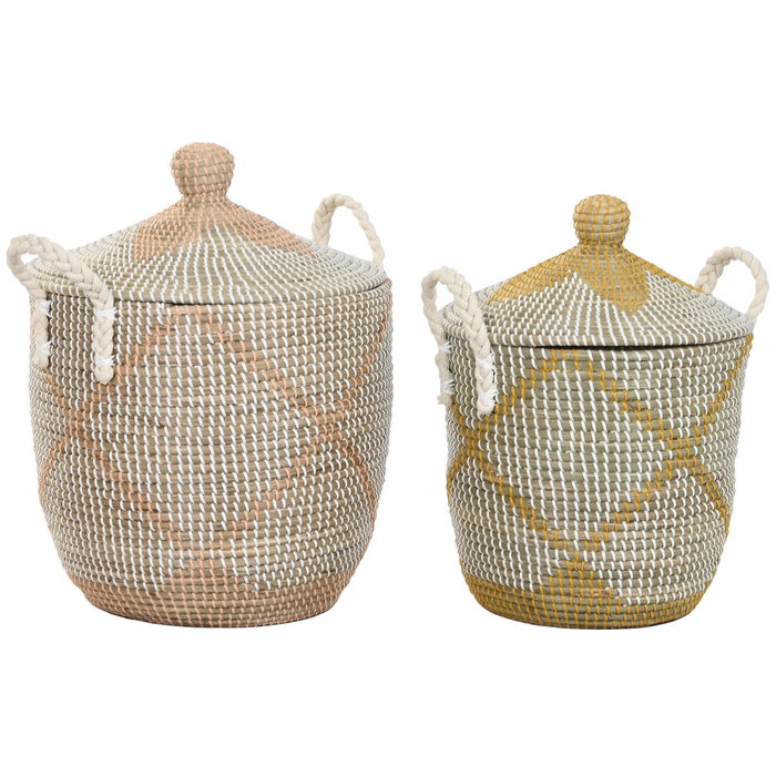 DKD Home Decor Set de 2 Cestas de Seagrass y Algodón Coral