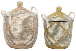DKD Home Decor Set de 2 Cestas de Seagrass y Algodón Coral