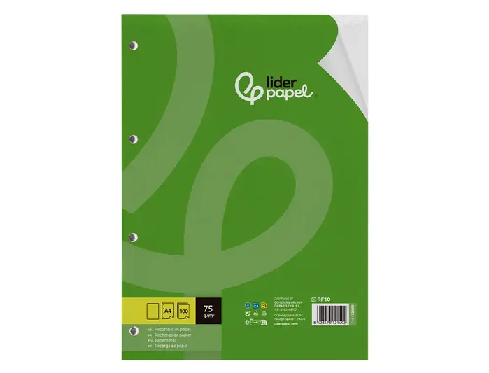 Liderpapel Recambio DIN A4 100 Hojas 75g Liso Sin Margen 4 Taladros