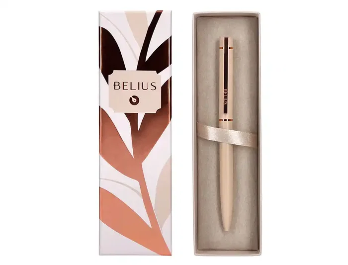 Belius Boligrafo Rose Aluminio Beige Claro Oro Rosa Tinta Azul Caja Diseño Elegante