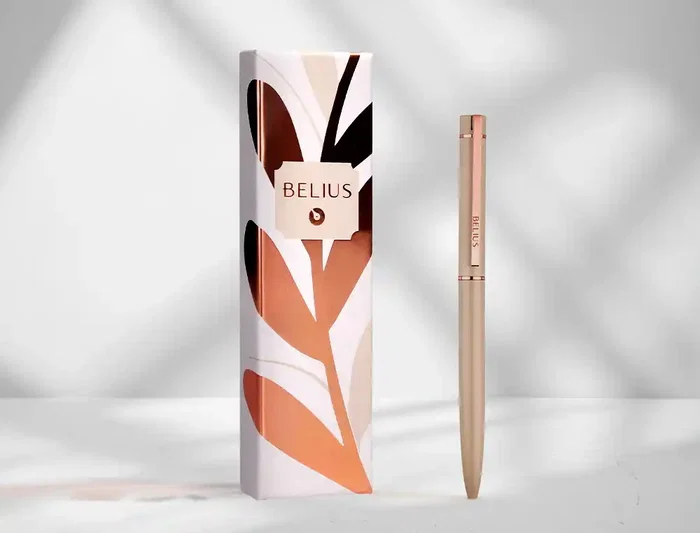 Belius Boligrafo Rose Aluminio Beige Claro Oro Rosa Tinta Azul Caja Diseño Elegante