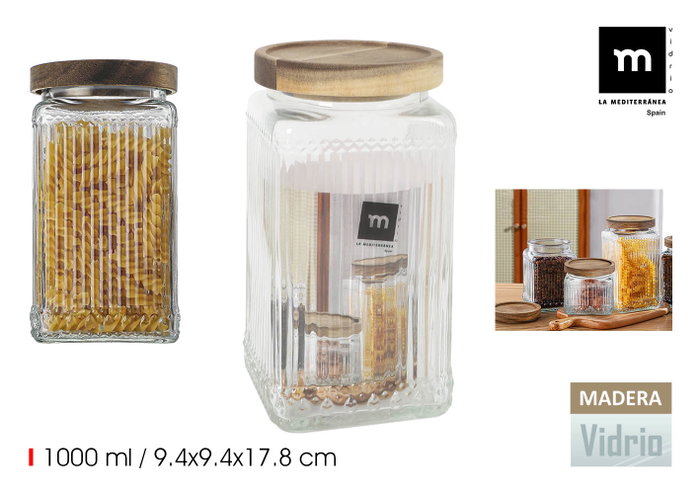 La Mediterranea Tarro de Vidrio Cuadrado con Tapa de Madera Lignes 1L, Pack de 12 unidades La Mediterranea Tarro de Vidrio Cuadrado con Tapa de Madera Lignes 1L, Pack de 12 unidades