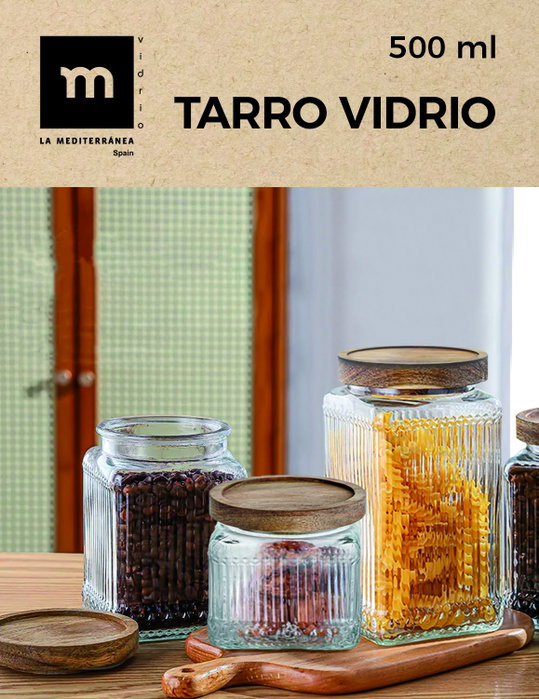 La Mediterranea Tarro de Vidrio Cuadrado con Tapa de Madera Lignes 1L, Pack de 12 unidades La Mediterranea Tarro de Vidrio Cuadrado con Tapa de Madera Lignes 1L, Pack de 12 unidades