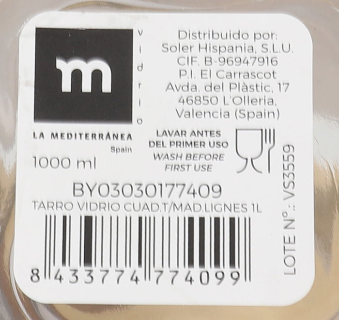La Mediterranea Tarro de Vidrio Cuadrado con Tapa de Madera Lignes 1L, Pack de 12 unidades