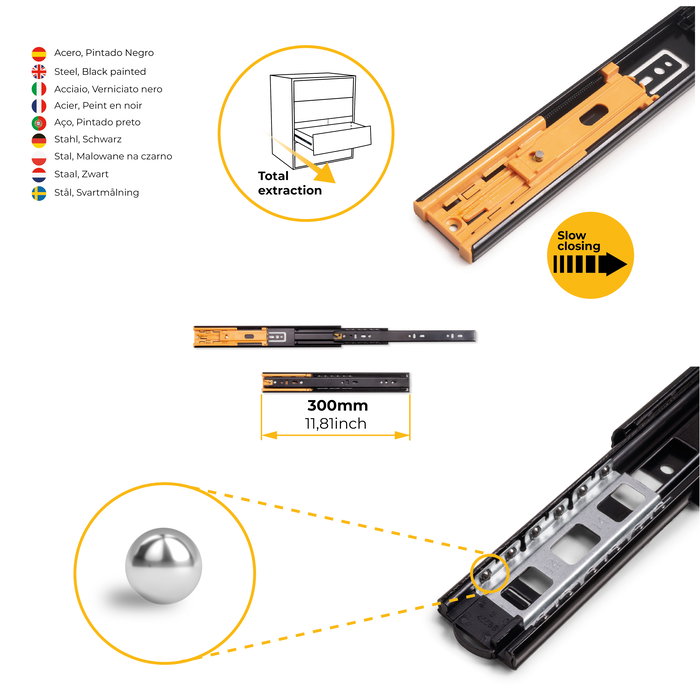 Emuca Lote de 5 juegos de guías para cajones, de bolas, altura 45mm, profundidad 300mm, extracción total, cierre suave, Negro