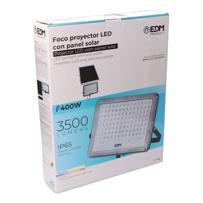 Edm - Foco Proyector Solar Slim 400W 3500LM 6500K Luz Fría, IP65, Batería 24000mAh, Panel 24W, Mando a Distancia, Carga 5-6h Edm - Foco Proyector Solar Slim 400W 3500LM 6500K Luz Fría, IP65, Batería 24000mAh, Panel 24W, Mando a Distancia, Carga 5-6h