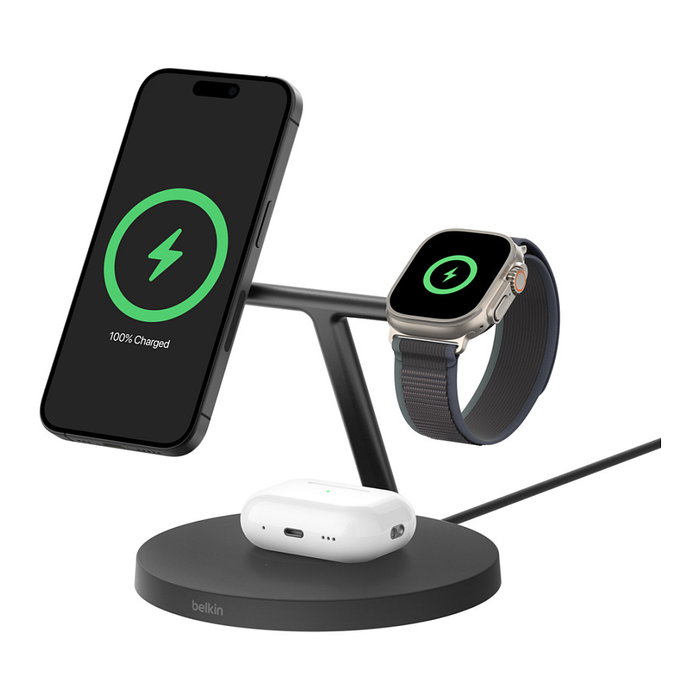 Belkin BoostCharge Pro 3-en-1 Estación de Carga Inalámbrica Qi2 15W Negro con Magsafe y Cable 1.5 m