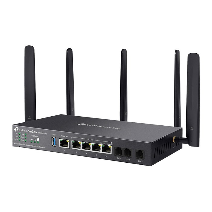 TP-Link Omada DR3650v-4G Router de Sobremesa Gigabit con Wi-Fi 6 AX3000, 4G LTE, DSL, 4 Puertos LAN, 2 USB 3.2, Negro