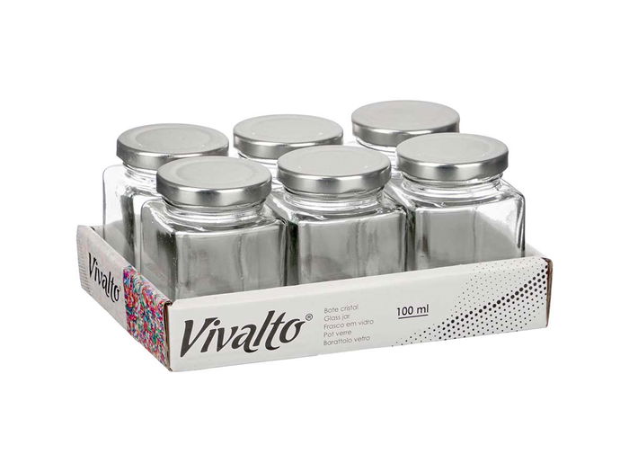 VIVALTO Tarro Cuadrado Cristal Transparente con Tapa 100 ml Vidrio Metal 5.6 x 7.6 x 5.6 cm (Set de 48)