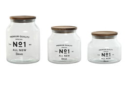 DKD Home Decor Set de 3 Botes de Cristal y Acacia