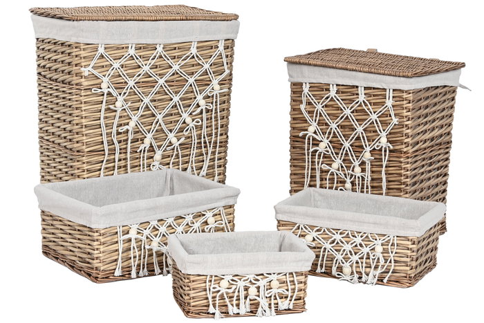 DKD Home Decor Set de 5 Cestas para la Ropa de Mimbre y Algodón, Natural y Blanco