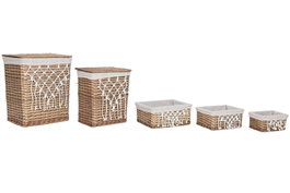 DKD Home Decor Set de 5 Cestas para la Ropa de Mimbre y Algodón, Natural y Blanco