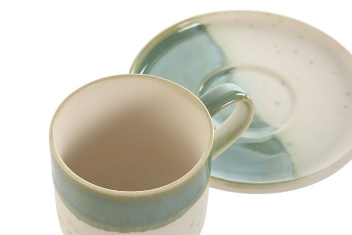 DKD Home Decor Jade 24 Taza Set Plato Oriental Porcelana Verde Blanco 270ml Set de 2 (6 Unidades) 15x15x1 cm Apto Horno Microondas Lavavajillas