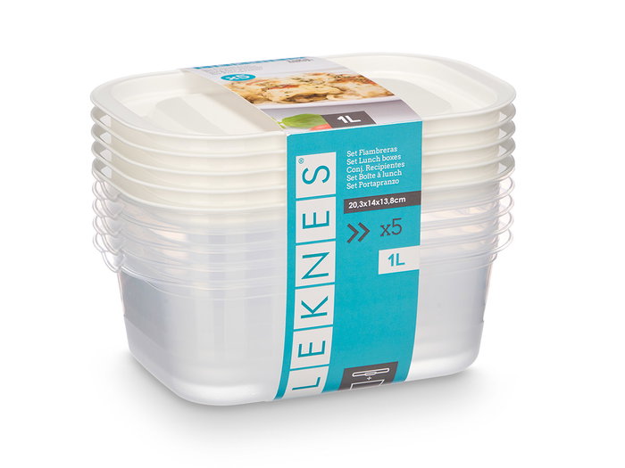 Leknes Set 5 Fiambreras Plástico Rectangular 1000ml 20x14x13cm Aptas para Lavavajillas y Microondas (Set de 12)