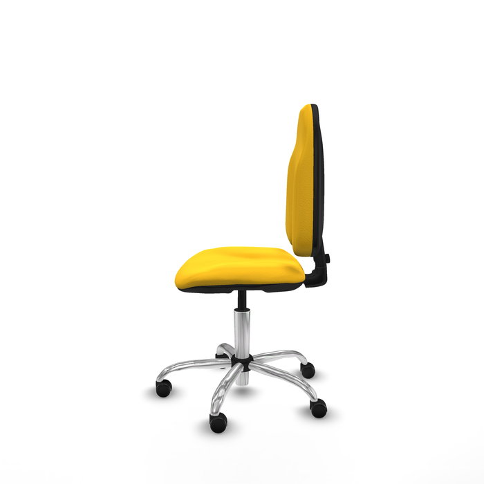 Silla de oficina Algarra con mecanismo Contacto permanente básico tapizada con Similpiel color Amarillo. Equipada con Base cromada, Sin brazos y Ruedas de parqué