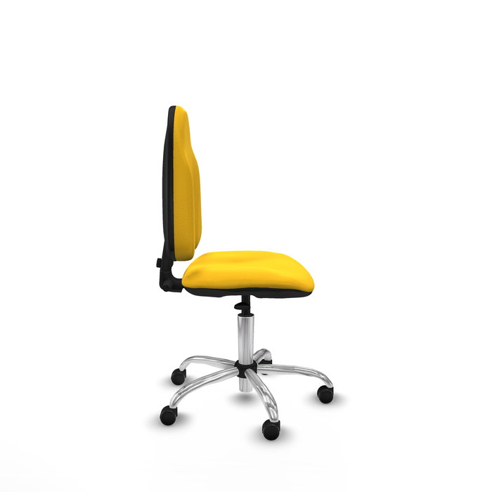 Silla de oficina Algarra con mecanismo Contacto permanente básico tapizada con Similpiel color Amarillo. Equipada con Base cromada, Sin brazos y Ruedas de parqué