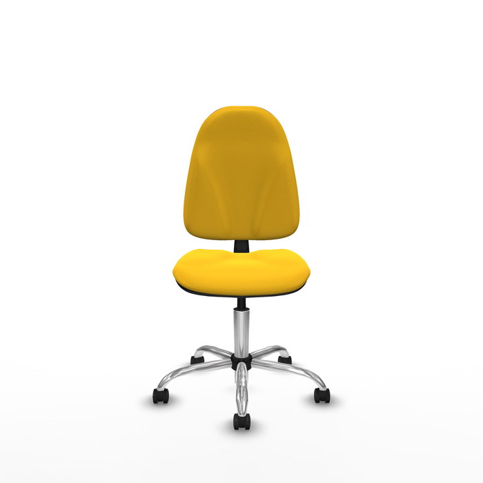 Silla de oficina Algarra con mecanismo Contacto permanente básico tapizada con Similpiel color Amarillo. Equipada con Base cromada, Sin brazos y Ruedas de parqué