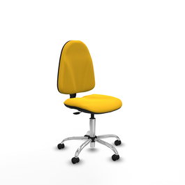 Silla de oficina Algarra con mecanismo Contacto permanente básico tapizada con Similpiel color Amarillo. Equipada con Base cromada, Sin brazos y Ruedas de parqué